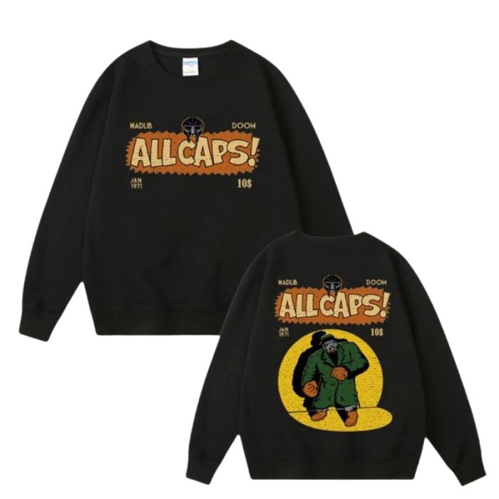 Black MF DOOM Sweatshirt All Caps Double Side Character Print