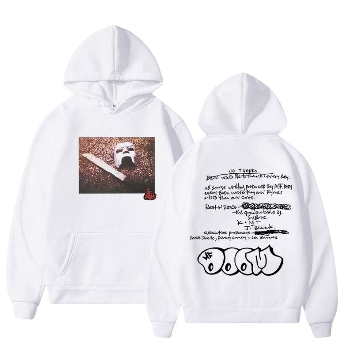 MF DOOM Madvillain Note & Mask Double Sided Hoodie White MF DOOM Madvillain Note & Mask Double Sided Hoodie White