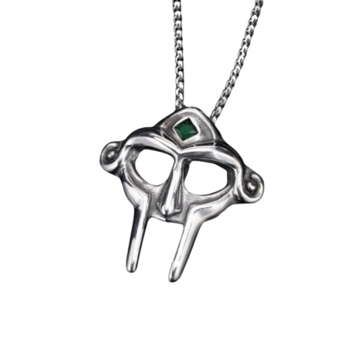 MF DOOM Mask Necklace Silver Polished Green Gem Villain Face