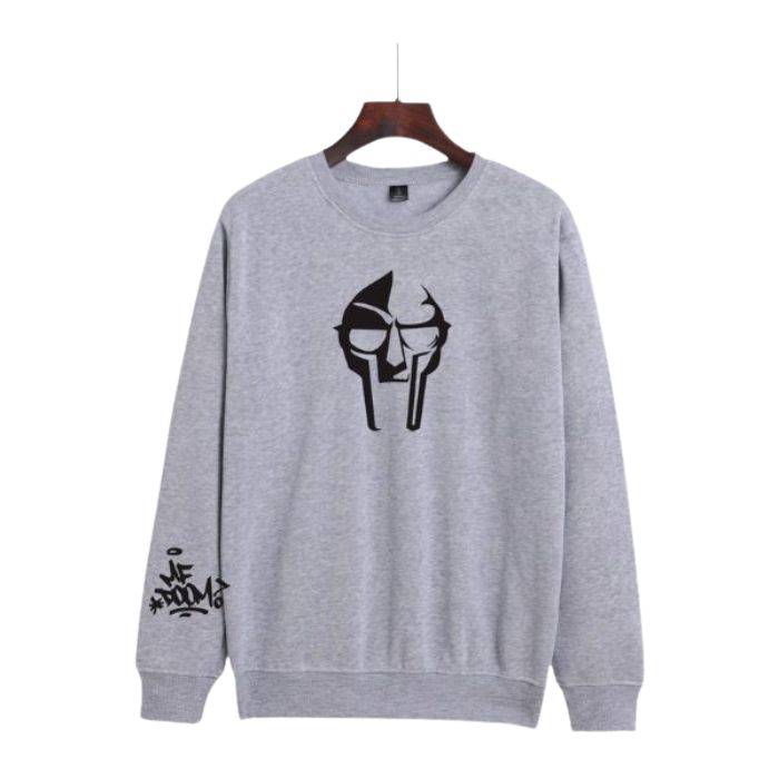 MF DOOM Sweatshirt Grey Bold Villain Metal Face Design Printed – Streetwear Pullover