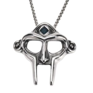 Silver MF DOOM Mask Pendant Black Gemstone Accent Premium Chain