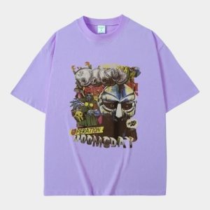Rapper MF Doom Printed Graphic Cotton T-Shirt Light Blue