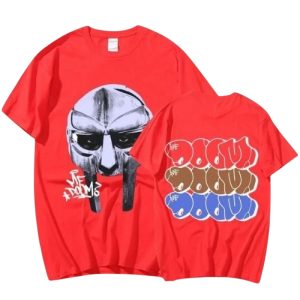 MF DOOM Red T Shirt Madlib Madvillain Mask And Bubble Letters Graphics