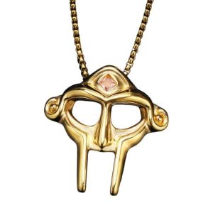 MF DOOM Gold Mask Pendant Necklace Pink Gemstone Accent