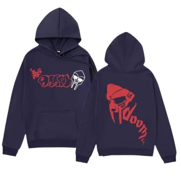 Navy MF DOOM Hoodie Graffiti Bold Red Front & Back Prints Navy MF DOOM Hoodie Graffiti Bold Red Front & Back Prints